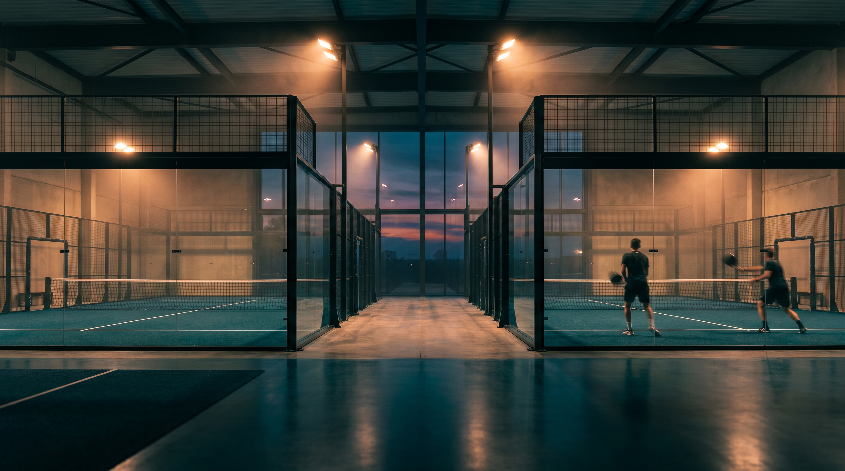 Moderne Indoor-Padelhalle bei Nacht mit beleuchteten Padelcourts – Visualisierung eines YOUNITED PADEL Projektes